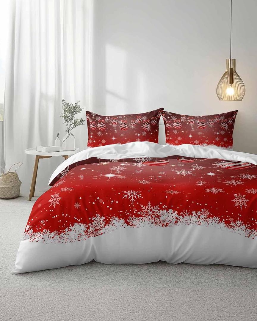 Duvet Cover Set, Merry Christmas Snowflake Bell on Red 3 Piece Bedding Set Breathable Quilt Cover Set, Winter Snow Seamless Soft Microfiber Bed Set with Pillow Shams, 90 x 70 inches