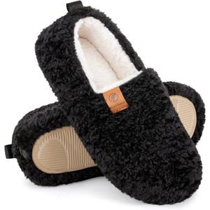 EverFoams Womens Soft Curly Full Slippers Memory Foam Lightweight House Shoes Cozy Loafer with Polar Fleece Lining (8.5, Black)
