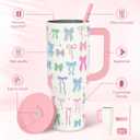 SANDJEST Bow 40oz Tumbler With Handle and Straw, Insulated Stainless Steel Travel Coffee Mug for Women Girls Bow Lovers, Gift Idea for Birthday Christmas Mothers Day