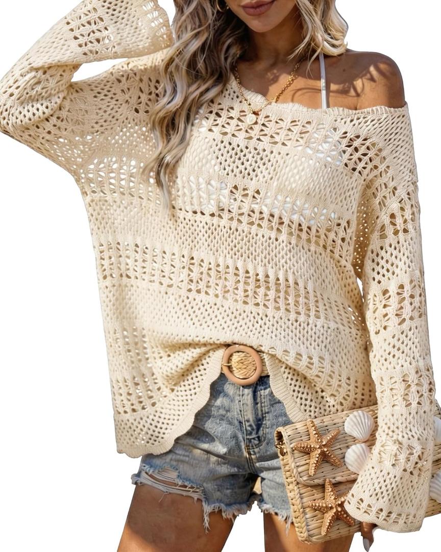 Vivilli Swimsuit Cover Up for Women Summer Crochet Beach Cover Up Off The Shoulder Knit Tops Vacation Outfits 2026 (Beige, M)