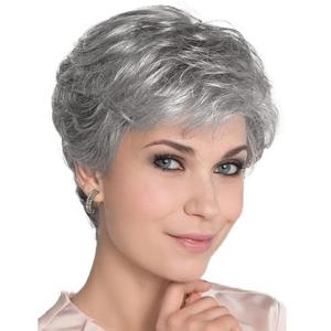 GNIMEGIL Silver Grey Wigs for Senior Women Hair Elderly Wig with Bangs Layered Natural Hair Styles Short Old Lady Wig Halloween Costume Granny Wigs for Older Ladies (Gray)