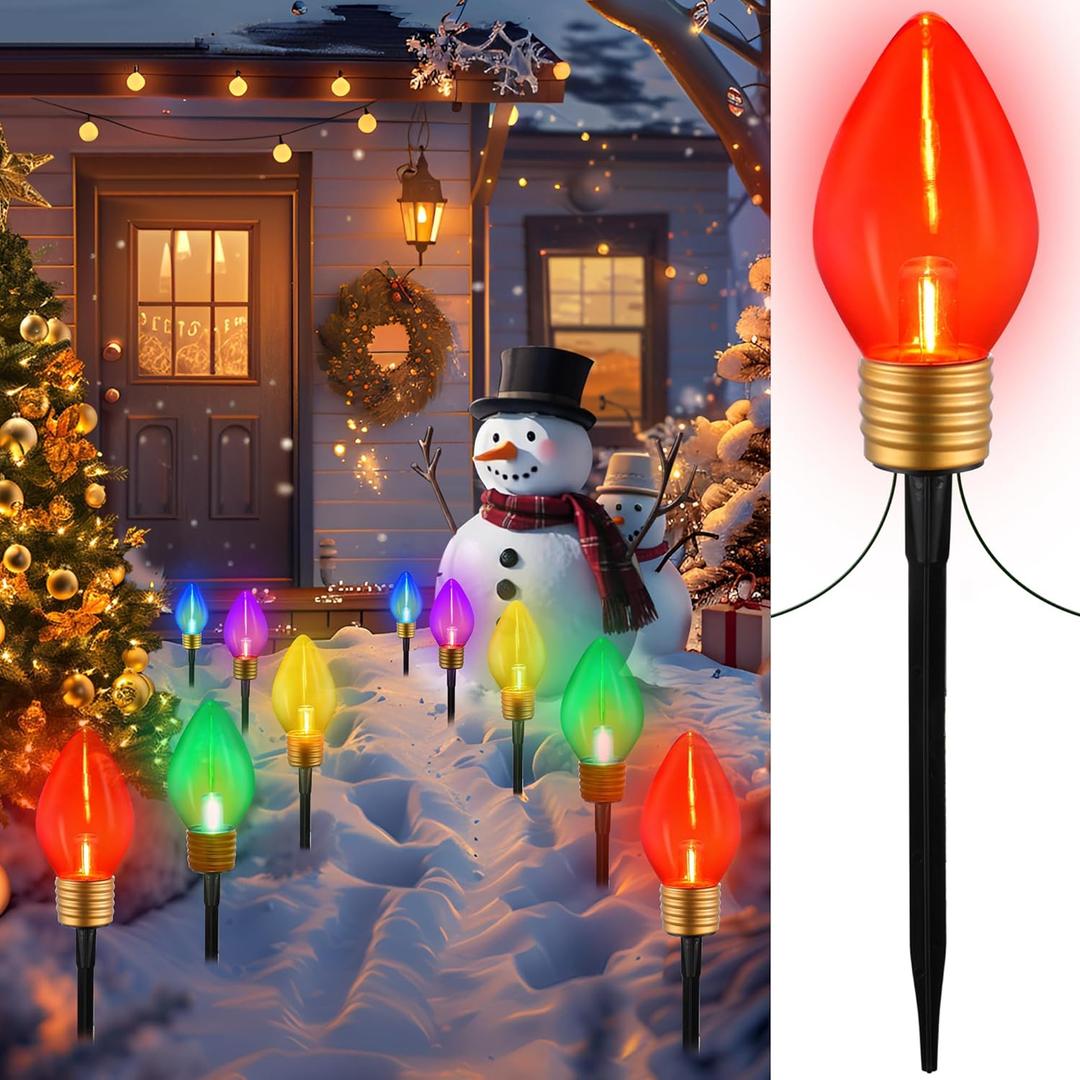 10 Lights Jumbo C9 Pathway Christmas Lights Outdoor, 11Ft 2 Pack 5 LED Giant Bulbs, Large Outdoor Christmas Decor for Holiday Lawn Yard Garden, Big Light Decorations, Multicolor