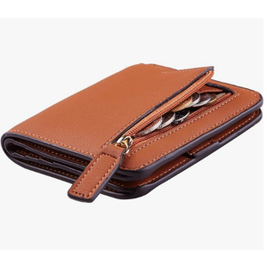 Toughergun Womens Small Slim Leather Wallet with RFID Protection, Compact Bifold Mini Purse with Clear ID Window (03 ReNapa Orange)