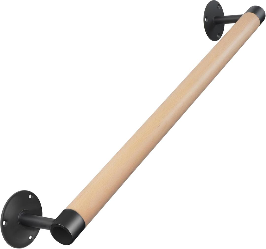 2FT Wood Hand Railing for Stairs - Wooden Handrails for Outdoor Steps, Staircase Handrail W/s Black Metal Brackets, Banister Deck Rails, Safety Grab Bars for Senior, Elderly & Kids