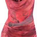 Women Sexy Sheer Halterneck Mini Dress Hollow Out Colourful Mesh Floral Dress for Beach Party Night (Red, S)