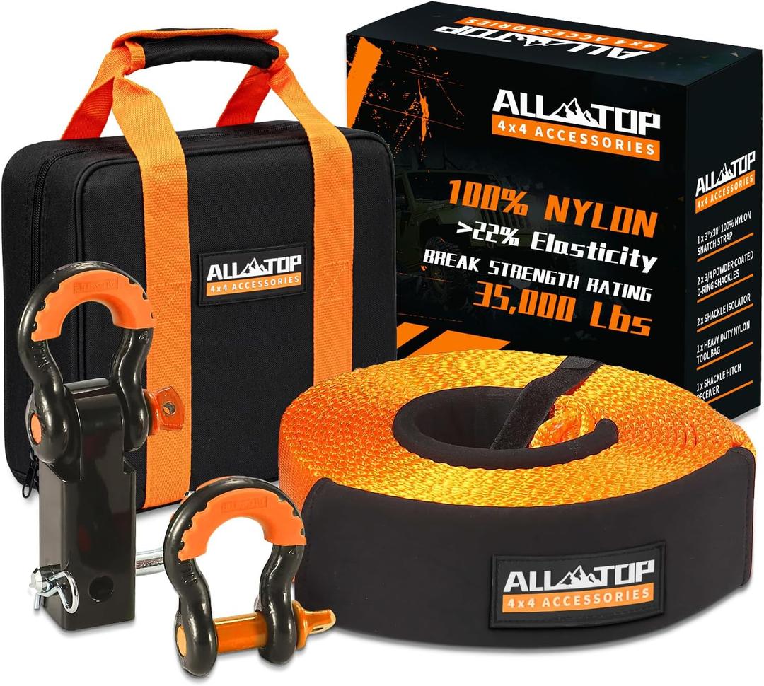 ALL-TOP Nylon Recovery Kit with Hitch Receiver: 3" x 30' (35,000lbs) 100% Nylon Snatch Strap + 2" Shackle Hitch Receiver + 3/4 HD Shackles (2pcs) with Isolator + Storage Bag