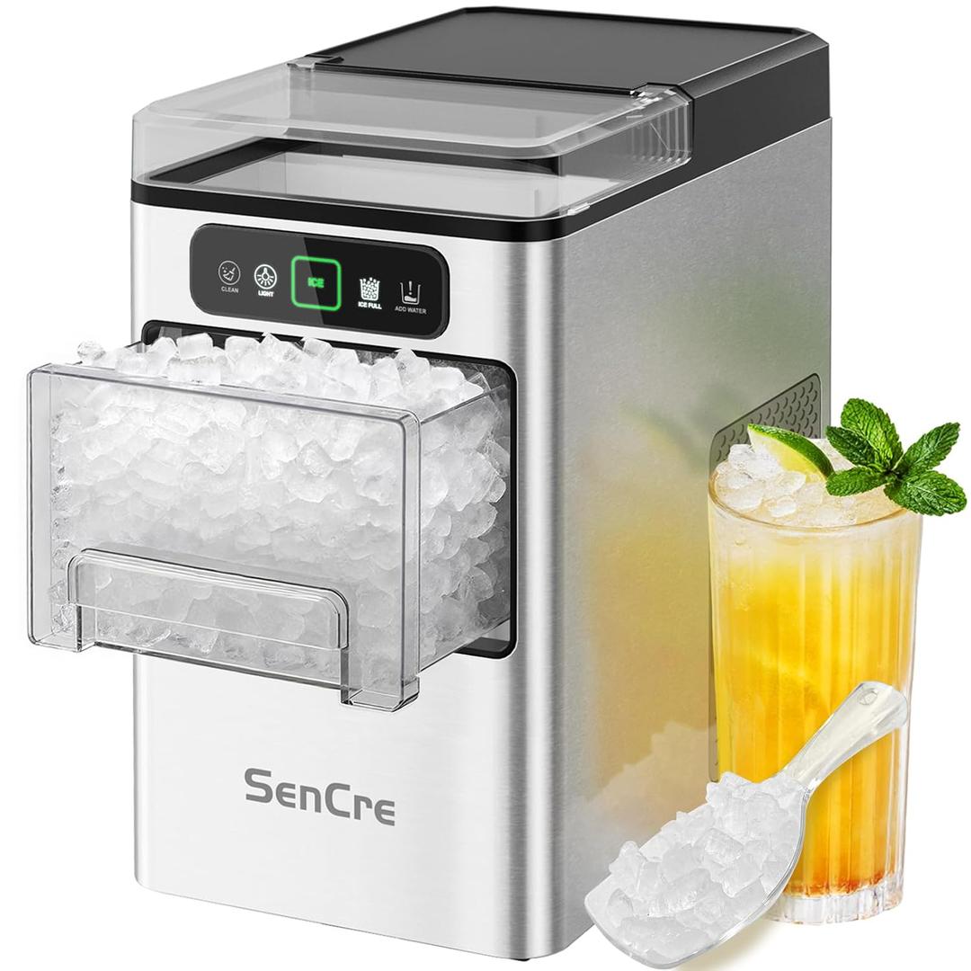 Nugget Ice Maker 40lbs/Day, Countertop Ice Maker Soft Chewable Ice, Ice Makers One-Click & Self-Cleaning, Crushed Pellet Ice Machine with Scoop&Basket for Home/Kitchen/Office, Stainless Silver