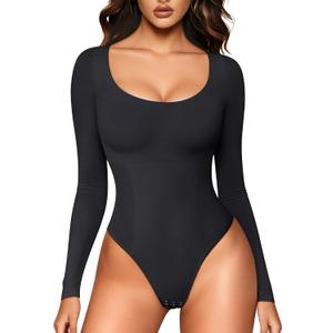 LODAY Long Sleeve Bodysuits for Women Scoop Neck Body Suits Light Compression (Small, Black)