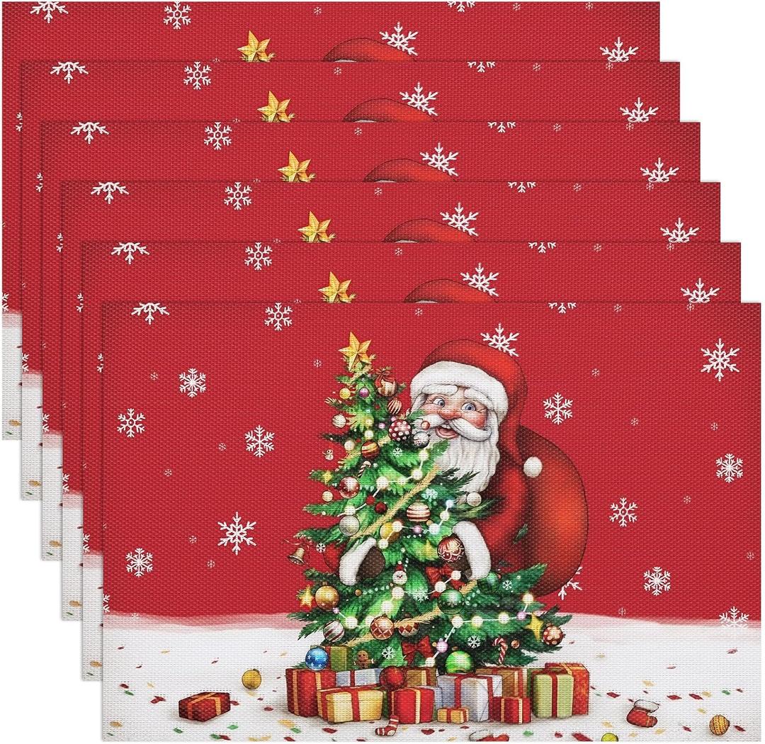 Christmas Placemats are with Classic Christmas Elements Designed, Washable Heatproof Woven Placemats Kitchen Xmas Party Winter Home Decoration Set of 6