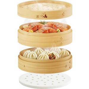 Prime Home Direct Bamboo Steamer Basket 8-Inch | 2-Tier Steamer for Cooking | 50 Liners | Small Instant Steaming Cookware Asian Food, Bao Buns, Chinese, Dim Sum, Dumpling, Rice, Vegetable Steam Pot