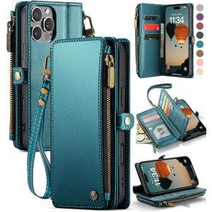 Defencase Compatible with iPhone 16 Pro Case Wallet with RFID Blocking Card Holder for Women Men, PU Leather Magnetic Snap Flip Zipper Strap Wallet Phone Case Fit for iPhone 16 Pro 6.3", Blue Green