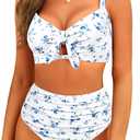 Tempt Me Two Piece Swimsuits - High Waisted Bikini Tummy Control Full Coverage Bathing Suits Ruched Tie Knot Swimwear, M, White and Blue Floral