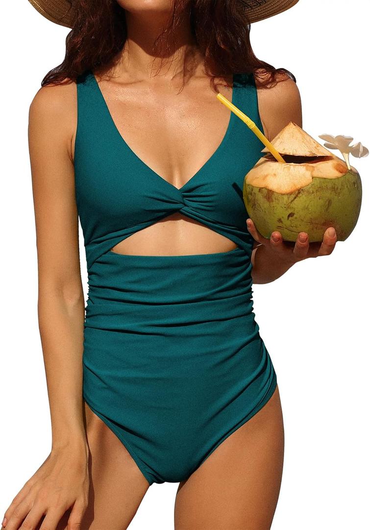 Charmo Womens One Piece Swimsuit Ruched Tummy Control High Cut Backless V Neck Bathing Suits Swimwear (Blue, L)
