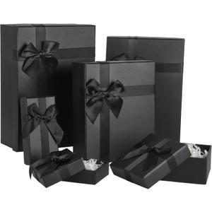 woric 6 PCS Gift Boxes Assorted Sizes, Black Box for Christmas with Ribbon Nesting Gift Boxes with Lids for Christmas Valentine's Day Birthday Wedding (6 Size)