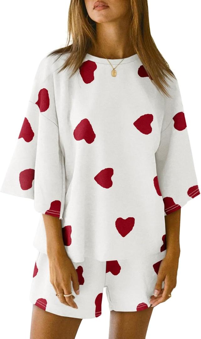 Tankaneo Womens Pajama Sets 3/4 Sleeve Oversized Tops & Loose Fit Shorts Lounge Set with Pockets Loungewear (S)