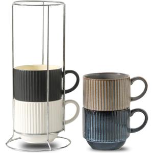glowworm Coffee Mugs with Stand, Stackable Coffee Mugs Set of 4, Wedding Housewarming Gift, Modren Ceramic Cups for Milk, Cocoa, Microwave & Dishwasher Safe, Multicolor