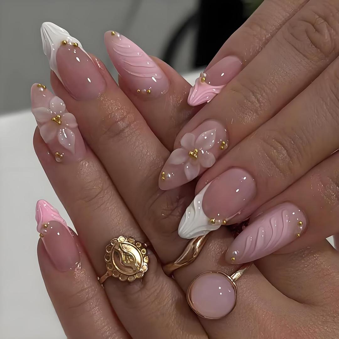 LPOODDNU 3D Pink Press on Nails Almond - Medium French Tip Fake Nails with Embossed Flower&Gold Bead Designs, Glossy Finish Reusable False Nails with Glue Tabs - 24Pcs Nail Kit for Women Manicure