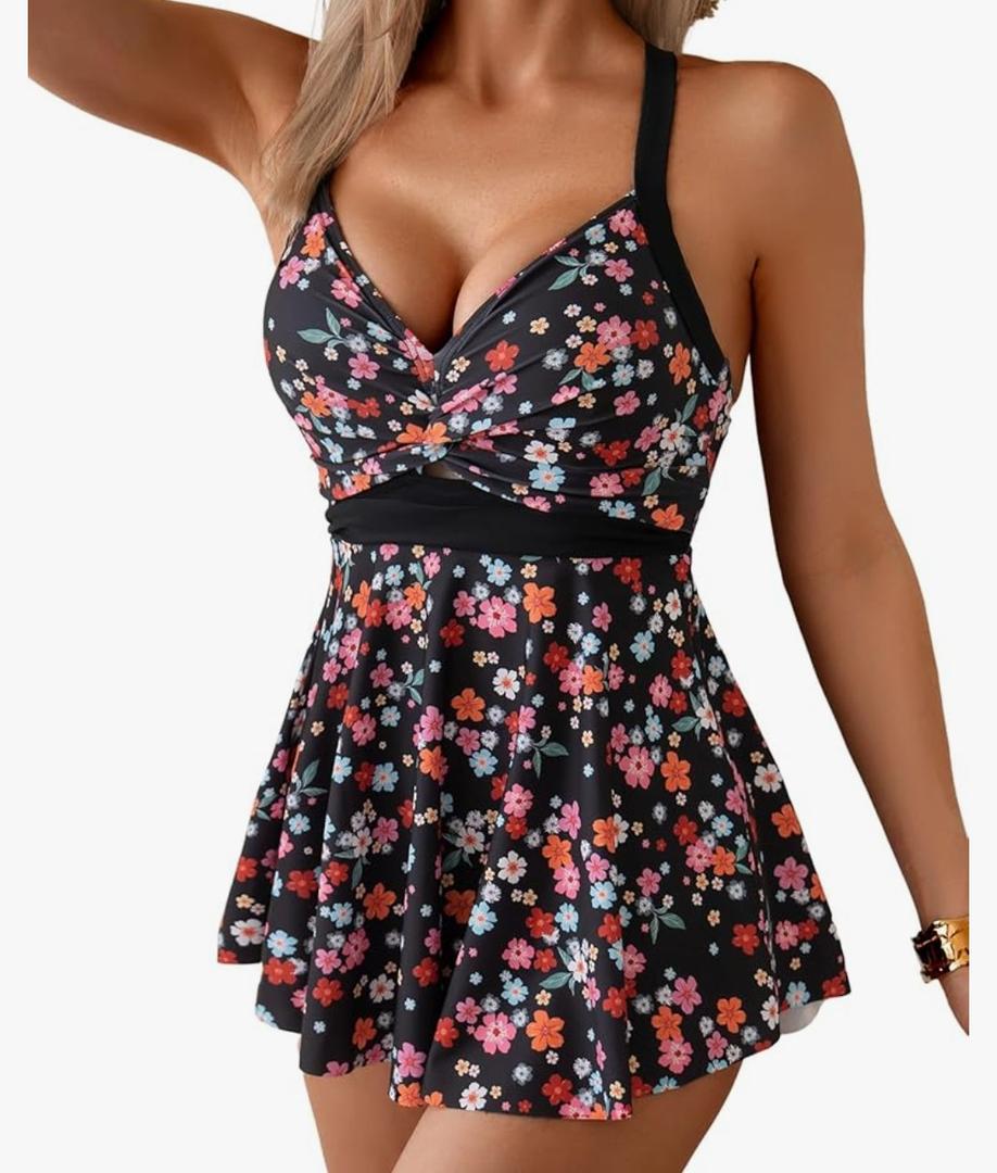 One Piece Swim Dress for Women Tummy Control Swimsuits V Neck Twist Front Swimdress Flowy Bathing Suit XL