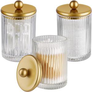 3 Pack Glass Qtip Holder Dispenser Set with Matte Gold Metal Lid
