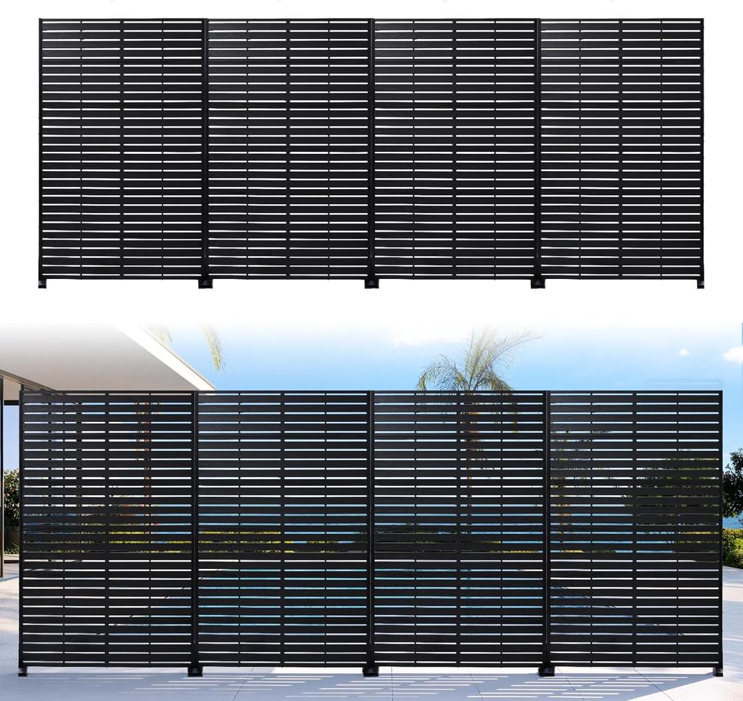 Privacy Screen Outdoor 72" H47" W Freestanding Privacy Panel with Stand, HDPE Decorative Privacy Fence with Louver Pattern, Patio Divider Screen, Privacy Screens for Outside (Black-6 Panel)