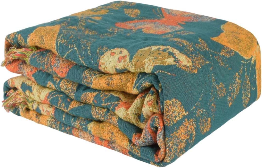 Boho Throw Blanket for Couch Bed, 100% Cotton Soft Rustic Quilt with Tassel 90''x 98'', Super Soft Bohemian Decor Reversible Sofa Bed Chair Blanket Cover for All Seasons (Butterfly) (91*98 inch)