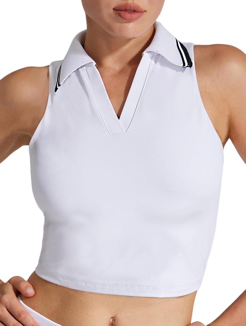 Womens Golf Shirt Sleeveless Polo Collared Tennis Shirts for Women Athletic Workout Cropped Tank Tops (White/Black, Small)