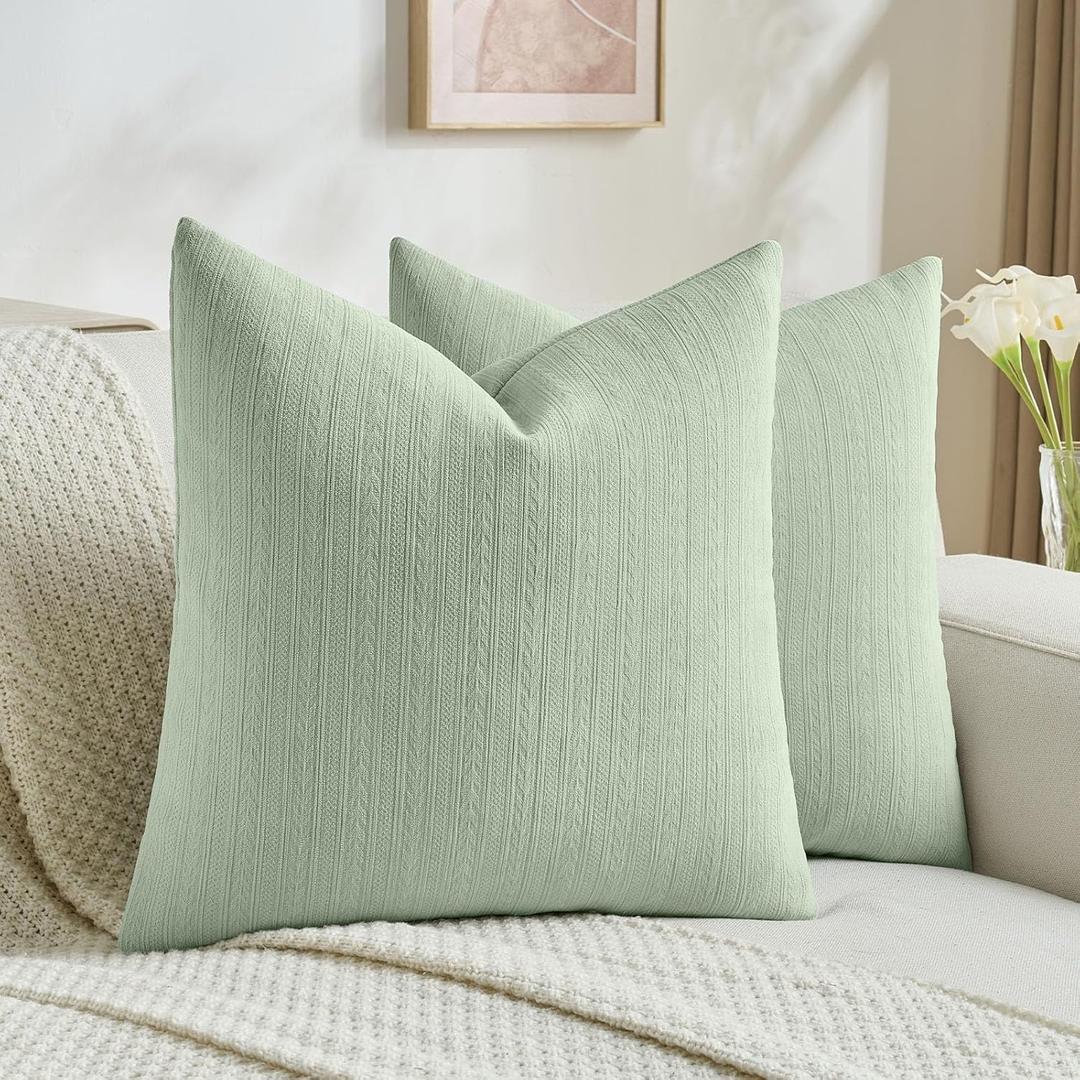 FUTEI Pack of 2 Solid Chenille Throw Pillow Covers 24x24 Inch Soft Cozy Wheat Ear Striped Textured Decorative European Cushion Cases Modern Farmhouse Accent for Couch Bed Living Room, Sage Green