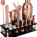 23 Piece Cocktail Shaker Set Bartender Kit with Acrylic Stand & Cocktail Recipes Booklet, Professional Bar Tools for Drink Mixing, Home, Bar, Party (Include 4 Whiskey Stones) - Gold Rose
