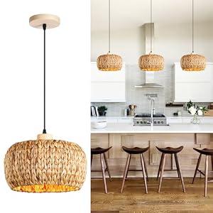 Hand-Woven Rattan Pendant Lights Kitchen Island wiht 12 Inch Wickel Shade