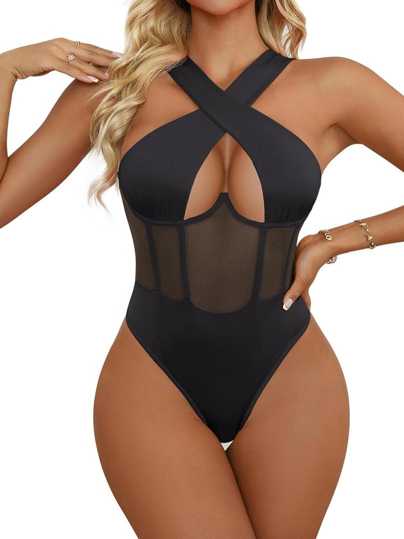 Rigeri Sexy Body Suit for Women Criss Cross Bodysuits Tops Womens Bodysuit Going Out Tops (Large, Black)