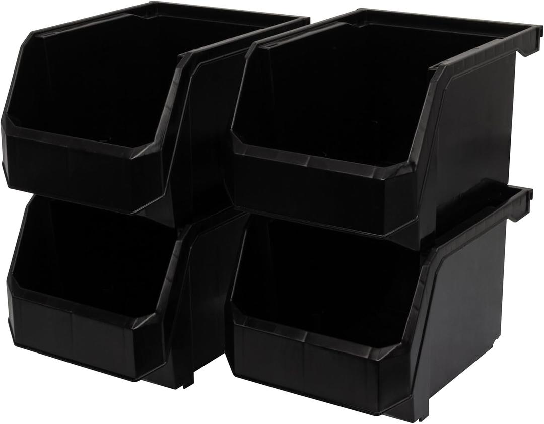 Medium-Tall Stackable Plastic Storage Bins, 4-Pack, Black | Open-Front Stackable Bins For Garage, Pantry, Closet & Office, 7"L X 11"W X 8"H, Nests When Empty, Durable Plastic,
