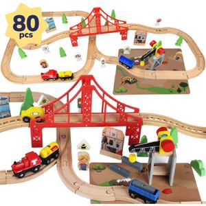 TOY Life Wooden Train Set 80pcs with Magnetic Crane, Wooden Train Tracks Toys for Toddlers Boys Girls 3 4 5, 3 Year Old Boy Gift, Wood Toys Toddler Train for Kids 4-8 - Fits Thomas Brio Chuggington