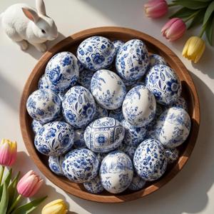 Simgoing 24 Pcs Easter Eggs Chinoiserie Blue and White Hanging Ornaments for Tree Fabric Wrapped Decorative Decoration for Easter Tree Spring Party DIY Tabletop Basket Filler Tiered Tray Decor