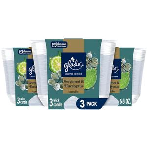 Glade 3-Wick Scented Candle Jar, Bergamot & Eucalyptus, Air Freshener Infused with Essential Oils, 6.8 Oz, 3 Count