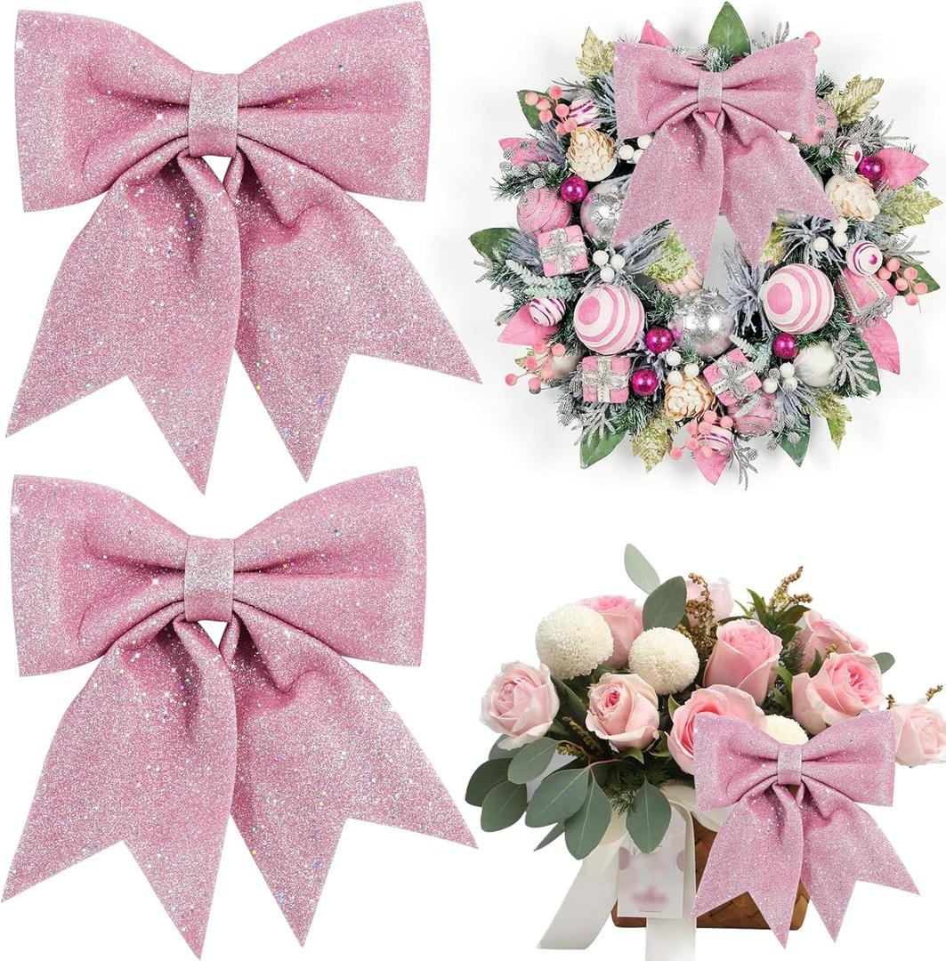 TONIFUL 2pcs Glitter Shiny Bow Pink Sparkling Christmas Bow for Gift Wrapping, Christmas Wedding Valentine's Decoration, Indoor Decoration, Bouquet Wrapping, Party Supplies(8x10 Inch/pcs)