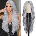 Colorful Queen Grey Wigs for Women 26 Inch Long Silver Gray Wig Curly Wavy Wig Natural Looking Synthetic Lace Wig for Daily Party Use Halloween Cosplay