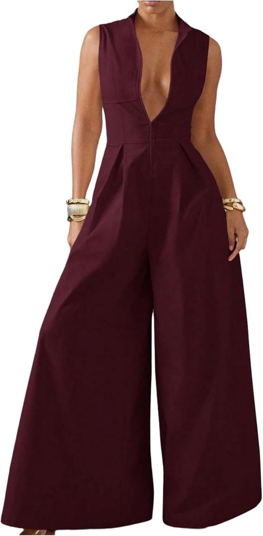 SOLY HUX Women's Zipper Front Wide Leg Jumpsuit Summer Mock Neck Sleeveless Elegant Romper (Medium, Pure Burgundy)