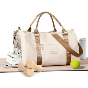 FIORETTO Womens Gym Tote Duffle Bag with Wet Pocket & Shoe Compartment, Sports Duffel Overnight Weekender Hospital Workout Carry on Bag for Girls, Ideal for Travel, Swimming, Dance, Ballet Beige