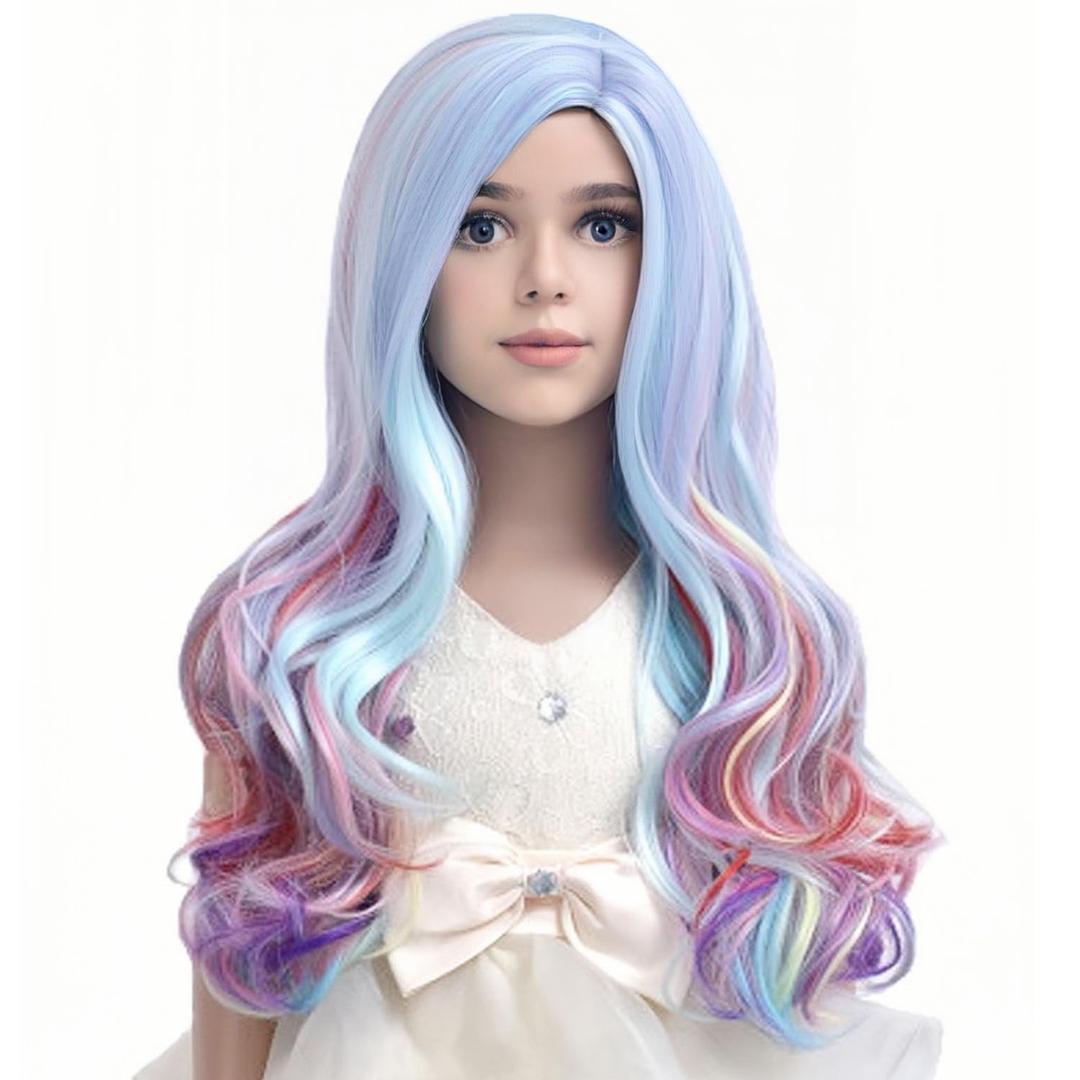 Child Kids Rainbow Wigs Long Curly Wavy Colorful Wig Multicolor Wig for Girls Synthetic Cosplay Party Halloween Wig with Wig Cap(Rainbow)