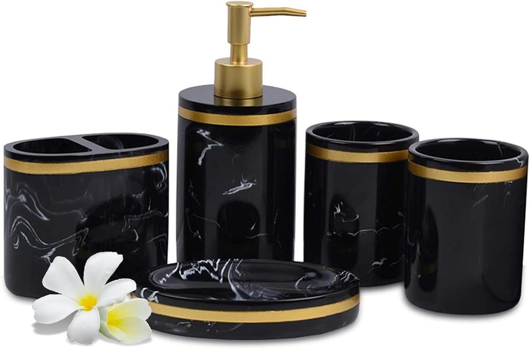 5-Piece Bathroom Counter Top Accessory Set - Dispenser for Liquid Soap or Lotion, Soap Dish, 2 Tumblers and Toothbrush Holder, Marble Pattern Resin (Classic Black)