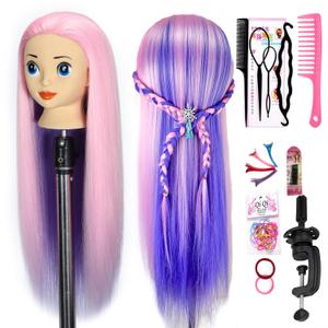 Mannequin Head with 26 inch Long Synthetic Fiber Colorful Hair Styling Training Head Manikin Cosmetology Doll Head Hairdressing Training Model for Cutting Braiding Practice and Free Clamp Holder (Pink Purple)