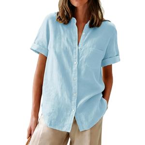 Womens Button Down Shirts Oxford Short Sleeve Cotton Dress Shirts Collared Button Up Casual Blouses Tops with Pocket (Blue, L)
