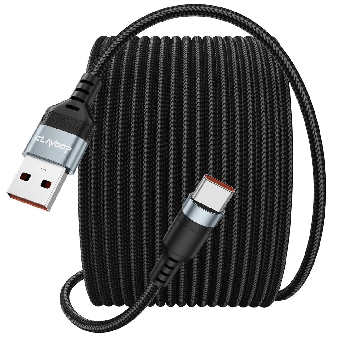 USB C Cable 25ft Fast Charging 12W, Extra Long USB A 2.0 to USB-C Charge Cord 25 foot 480Mbps Data Transfer Type C Black Braided for iPhone 17/16/15, Galaxy S25/24/23, Pixel XL/2/3/4XL, LG V30, Nokia