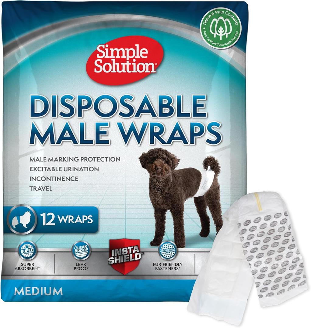 Simple Solution Disposable Male Wraps, Absorbent Leak Proof Belly Bands for Dogs, Incontinence Aid, Puppy Training, Marking Control, and Travel Protection, Medium Dogs, 15-23 Inch Waist, 30 Count