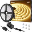 Lepro LED Strip Light Warm White 10M, 2000lm Dimmable LED Taple, 24V UK Plug in LED Strip with Dimmer Switch, 3000K Flexible Stick-on LED Lights for Bedroom, Kitchen, Cupboard, Shelf (1 Roll) [Energy Class E]