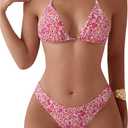 QJQ Women's 2 Piece Bathing Suit Disty Floral Halter Triangle Bikini Sets Sexy Cheeky High Waisted Swimsuit (Pink), S
