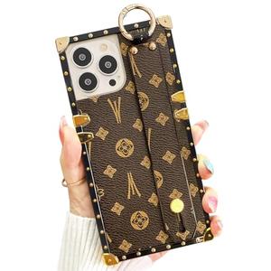 Dropcases Compatible with iPhone 15 Pro Max Case Luxury Designer for Women Girls,Rectangle Leather with Wristband Strap Kickstand Holder Protective Phone Cover for 15 Pro Max - 6.7”(Brown)