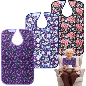 Adult Bibs - 3 Pcs Washable Clothing Protector with Crumb Catcher, Reusable Waterproof Large Feeding Adult Bib for Eating Flowers