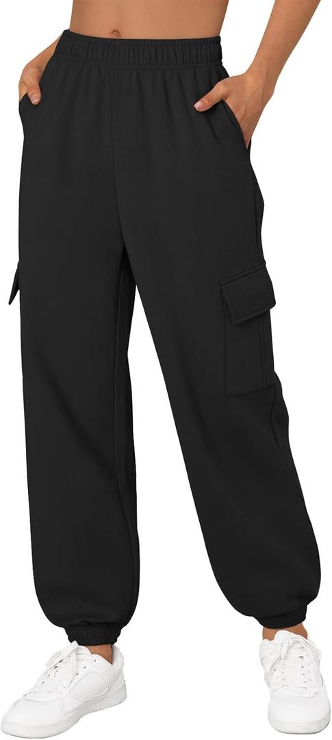 Trendy Queen Womens Cargo Sweatpants Oversized Fleece Joggers Baggy Athletic Pants with Pocket (Medium, Black)