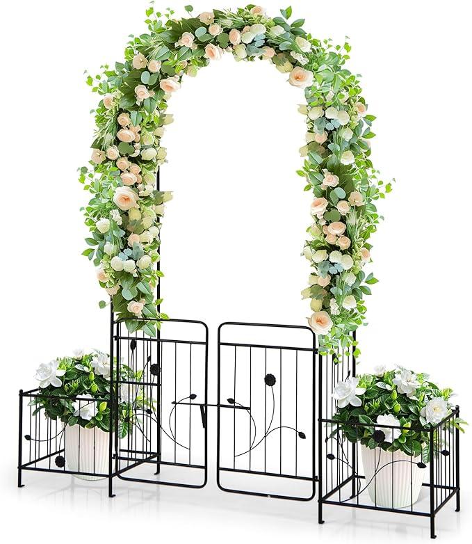 Happygrill Garden Arbor, 87" Metal Archway Pergola with Lockable Gate & 2 Side Planters for Climbing Plants, Roses, Vines, Heavy-Duty Outdoor Garden Arch Trellis for Wedding Party Ceremony Decoration